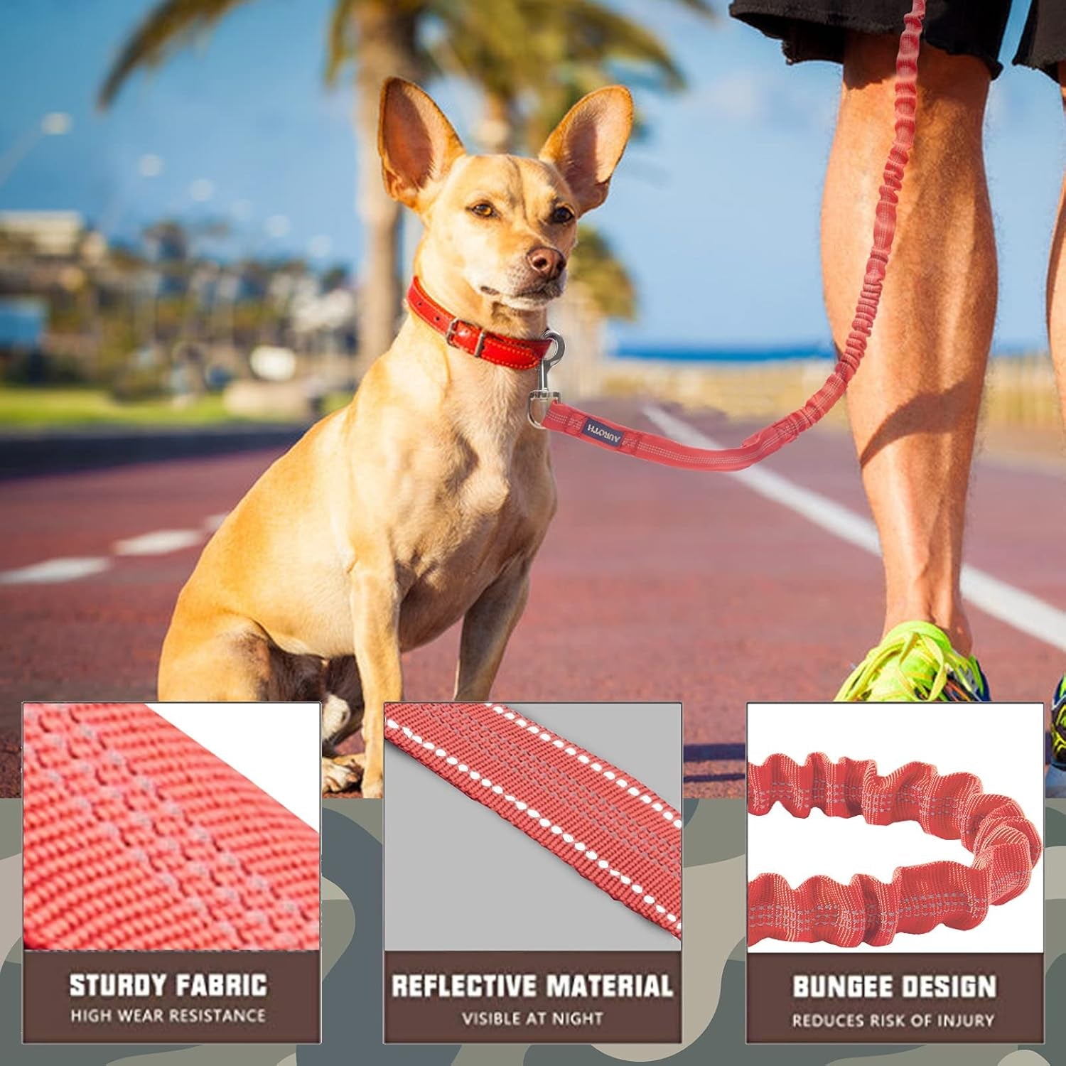 Heavy-Duty 6FT Bungee Dog Leash for Large Breeds with Dual Padded Handles, Shock Absorption, and No-Pull Training - Red