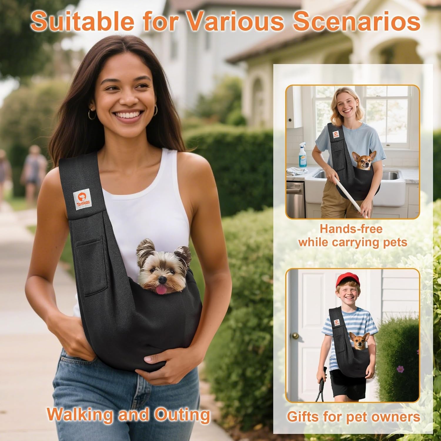 Small Dog Sling Carrier - Classic Pocket and Strap Design for Pets Weighing 3-10 lbs (Black)