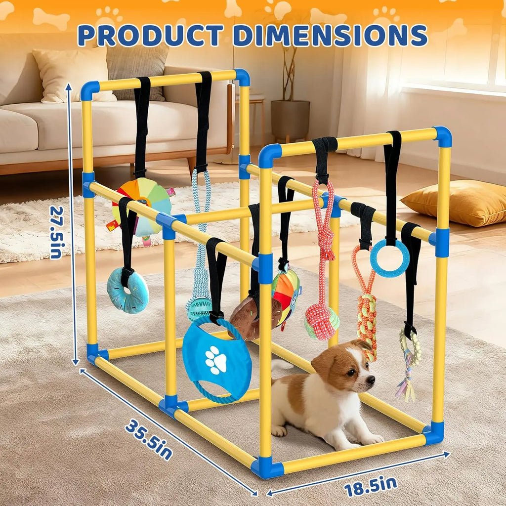 Indoor Puppy Play Gym - PVC Frame with Velcro Rope, Snuffle Mat, and 8 Hanging Toys for Interactive Training and Enrichment for Small Dogs