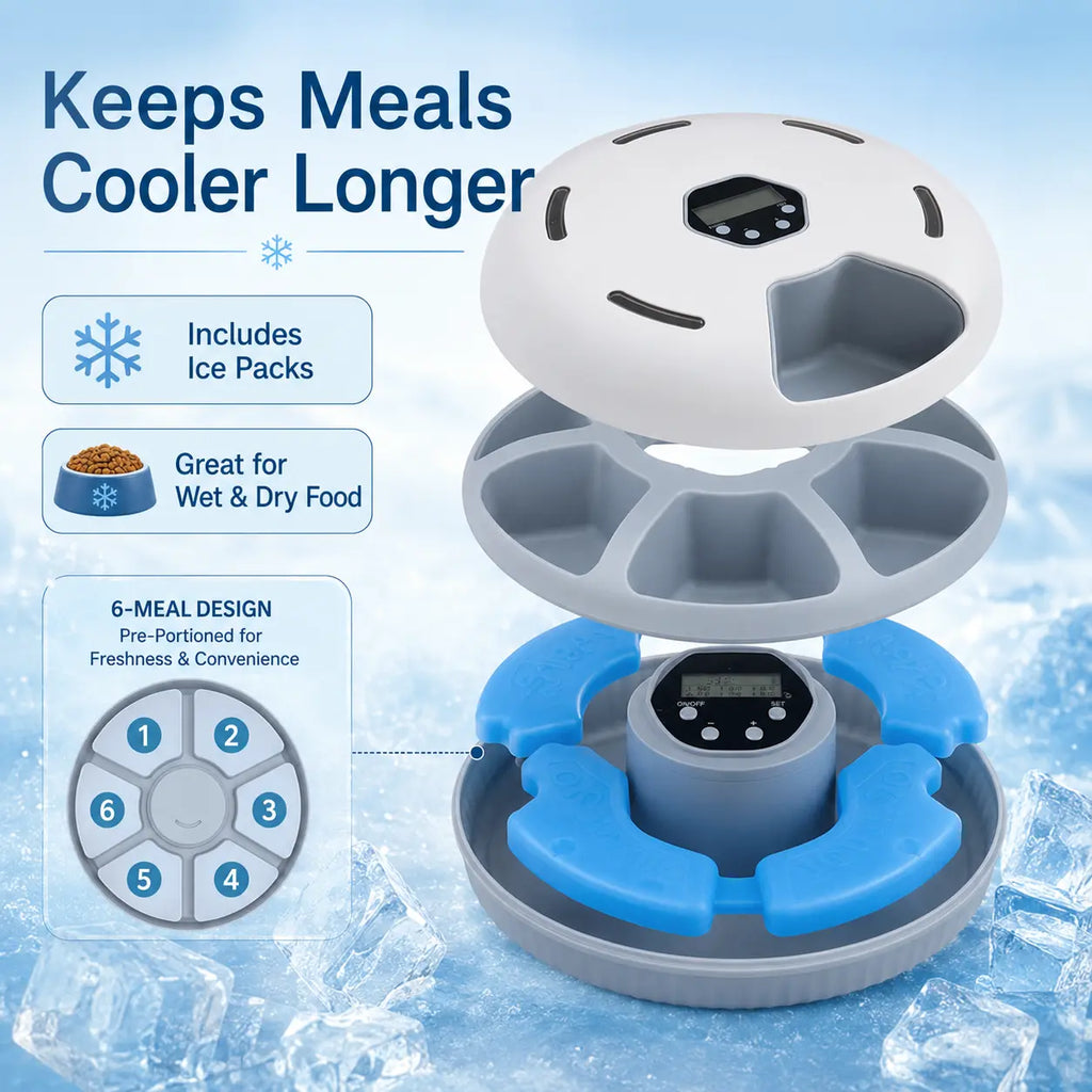 Timed Automatic Cat Feeder with 6 Meals - Detachable Indoor Rotating Dispenser for Wet & Dry Food, Includes Ice Packs, Battery Operated for Kittens and Small Dogs, White