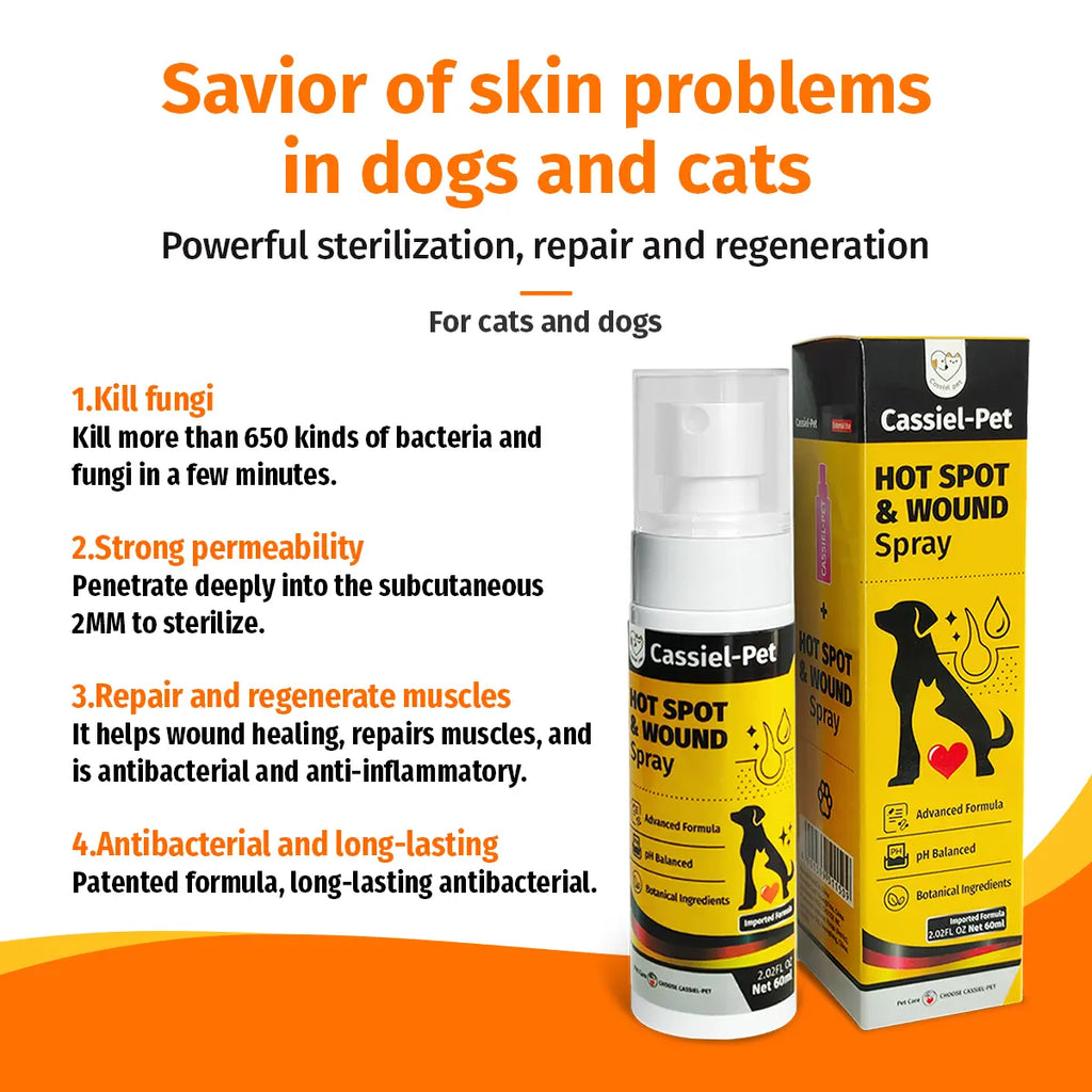 Cassiel Pet Hot Spot and Wound Spray for Dogs and Cats - Natural Soothing Skin Spray for Clean, Soft Skin and Itch Relief, Enhanced Packaging