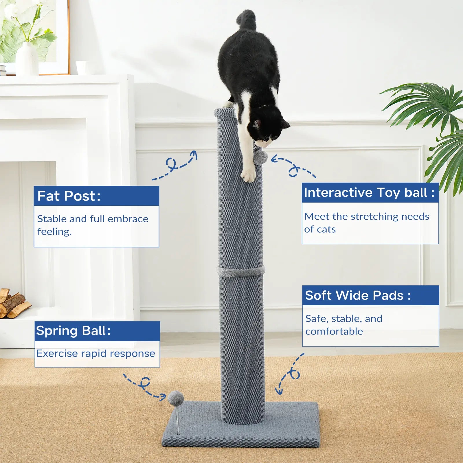 MADE 4 PETS Indoor Cat Sisal Scratching Post, 41.73-Inch Tall Gray Vertical Scratcher with Sturdy Base, Replaceable Spring Toy, and Space-Saving Design for Optimal Nail Care