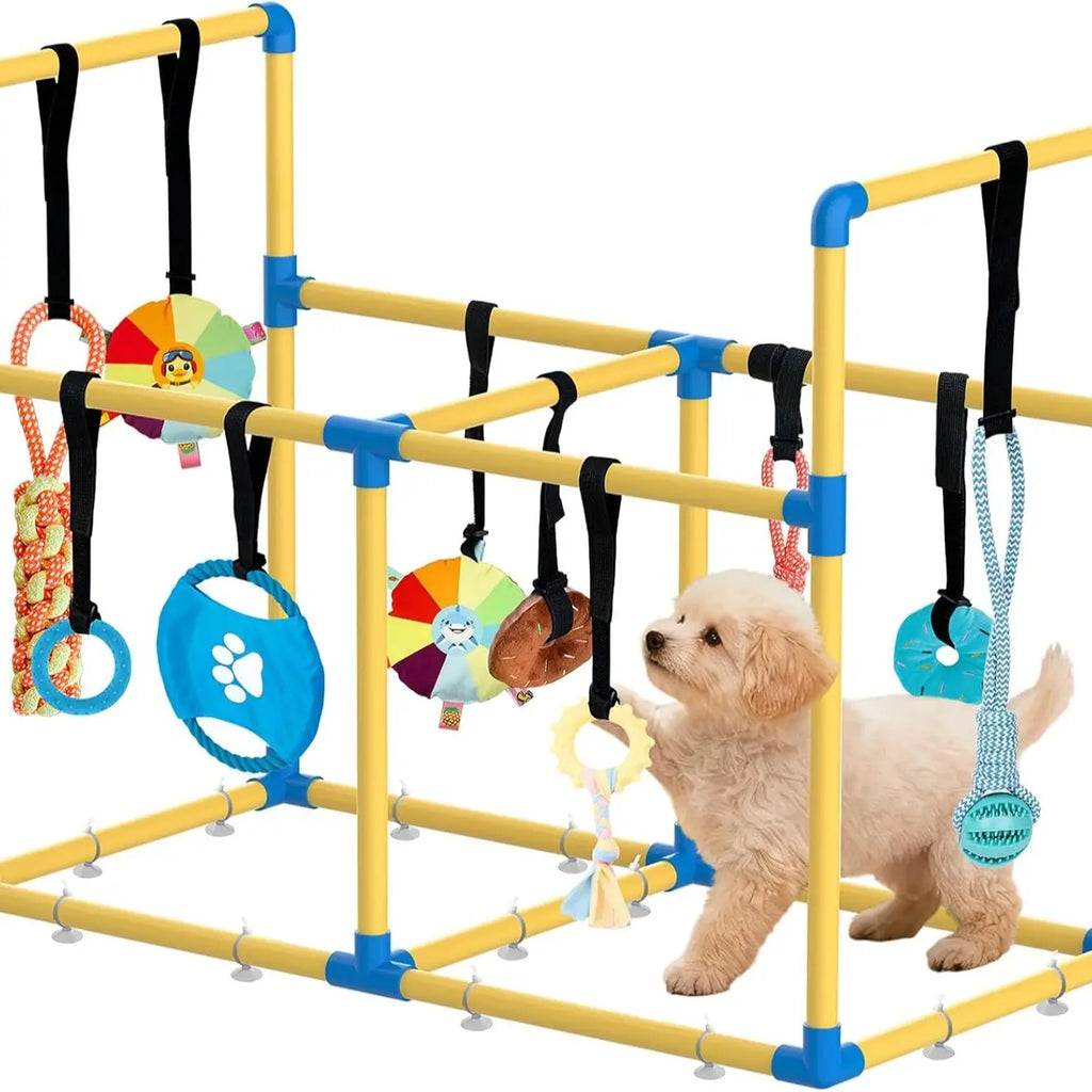 Indoor Puppy Play Gym - PVC Frame with Velcro Rope, Snuffle Mat, and 8 Hanging Toys for Interactive Training and Enrichment for Small Dogs