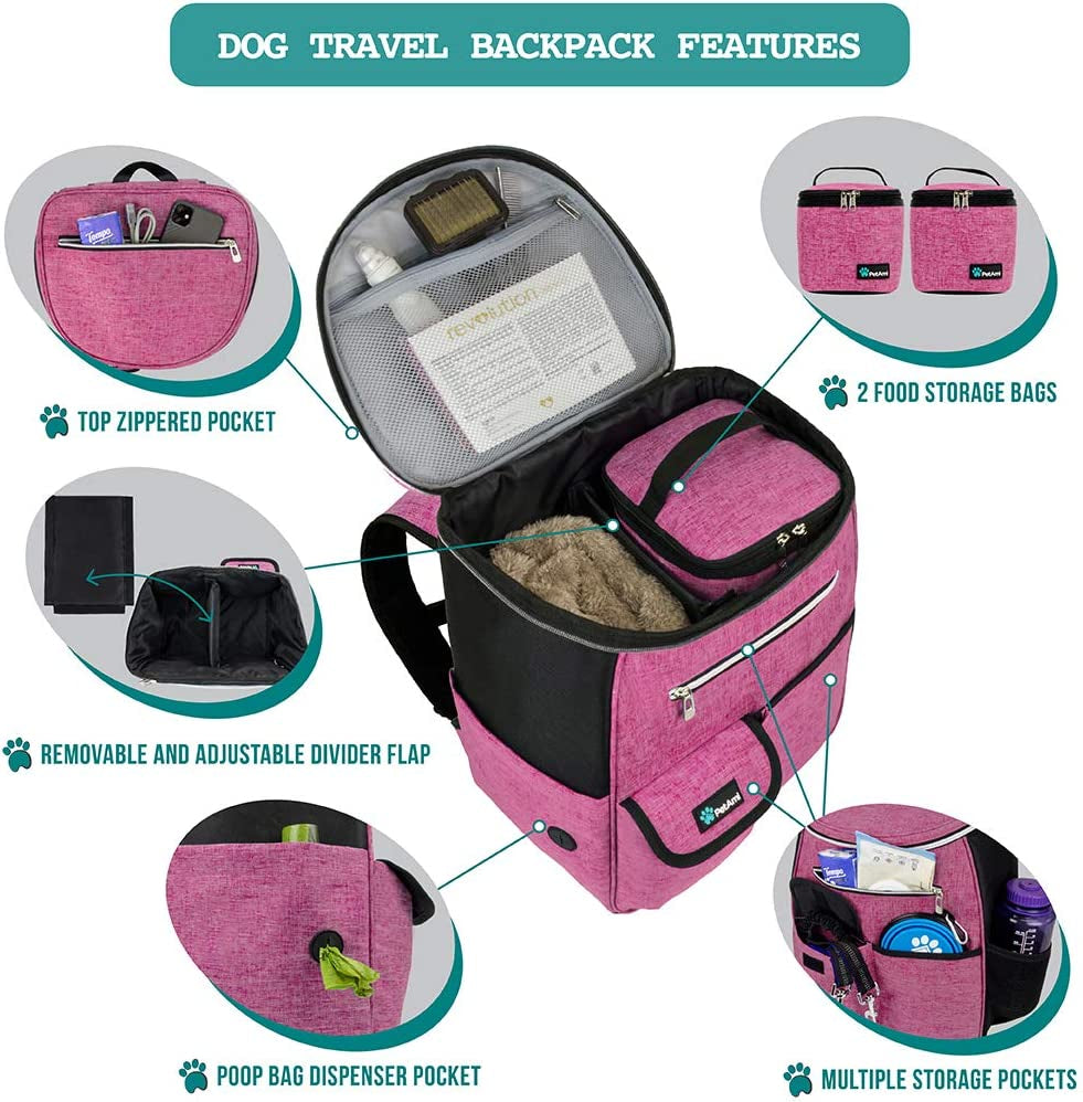 Professional Dog Travel Backpack, 27L Airline-Approved Pet Supplies Organizer with Dual Food Containers, Two Collapsible Bowls, and Poop Bag Dispenser - Ideal for Weekend Road Trips and Camping, Perfect Gift for Dog Moms, Pink