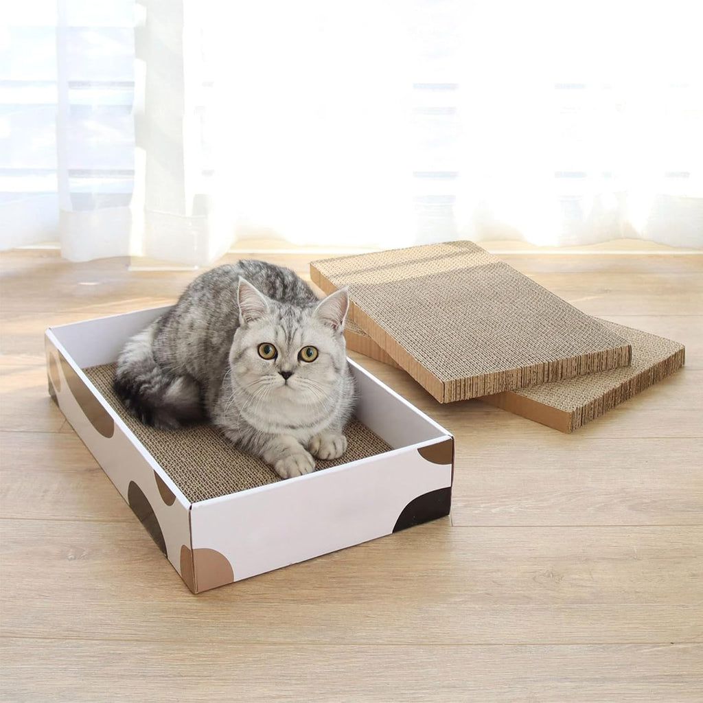 Indoor Cat Scratching Pad - 17" x 10" Refillable Box with 3 Reversible, Durable Corrugated Scratch Boards for Furniture and Wall Protection