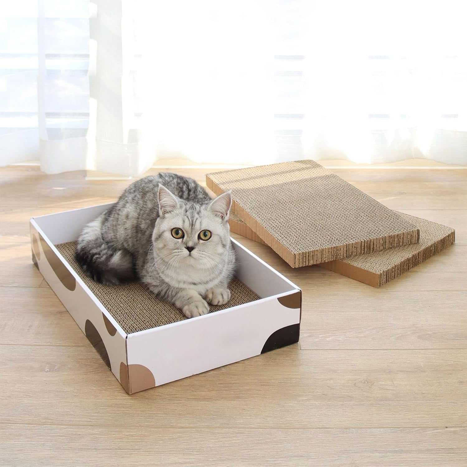 Indoor Cat Scratching Pad - 17" x 10" Refillable Box with 3 Reversible, Durable Corrugated Scratch Boards for Furniture and Wall Protection