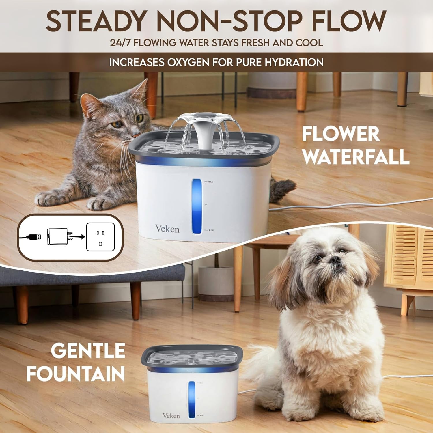 Professional Grade 95Oz/2.8L Automatic Pet Water Fountain with Replacement Filters for Cats and Dogs (Grey, Plastic) - Innovation Award Winner