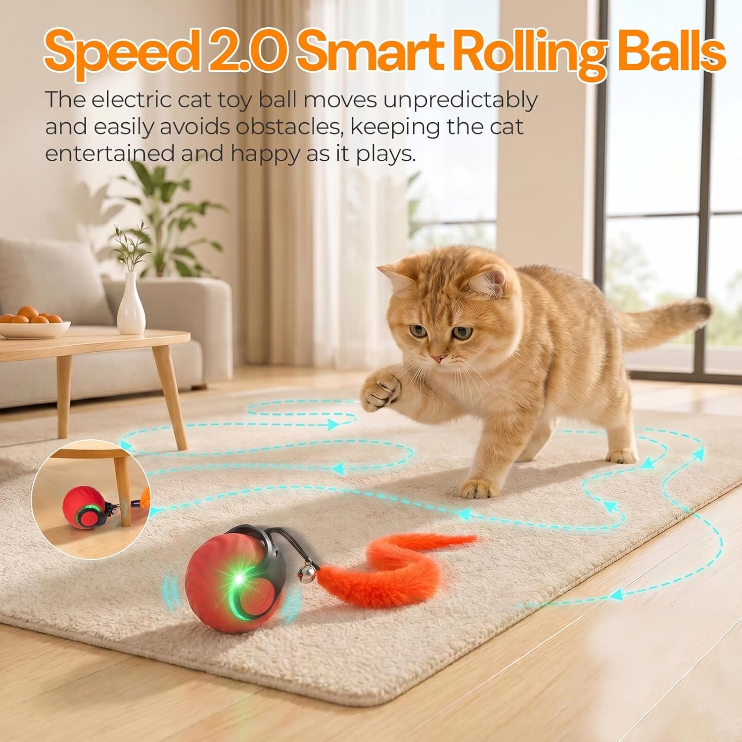 Interactive Cat Toys with Bird Sounds & 3 Speed Modes for Indoor Cats Play | Bird Sounds, 3 Speed Modes, Rechargeable Automatic Rolling, 3 Tails, Fast Charging Ball, for Indoor Cats on Hard Floor Carpet