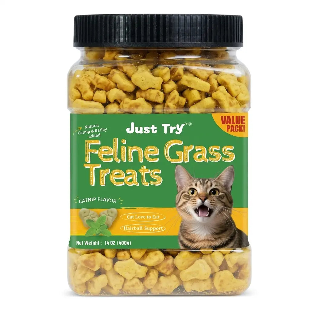 Cat Treats for Indoor Cats - Natural Salmon Hairball Control Biscuits with Cat Grass and Catnip for Dental Care - 14.1 OZ