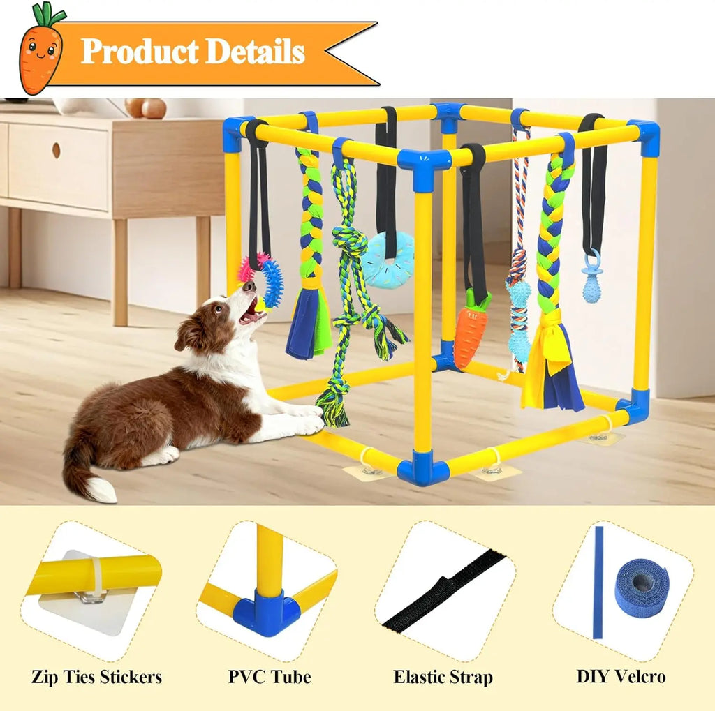 Interactive Dog Play Gym Enrichment Toy Set with Rope Tug, Chew, and Squeaky Toys - Indoor Activity Center for Reducing Anxiety and Boredom Relief, Durable PVC Frame Suitable for Dogs of All Sizes