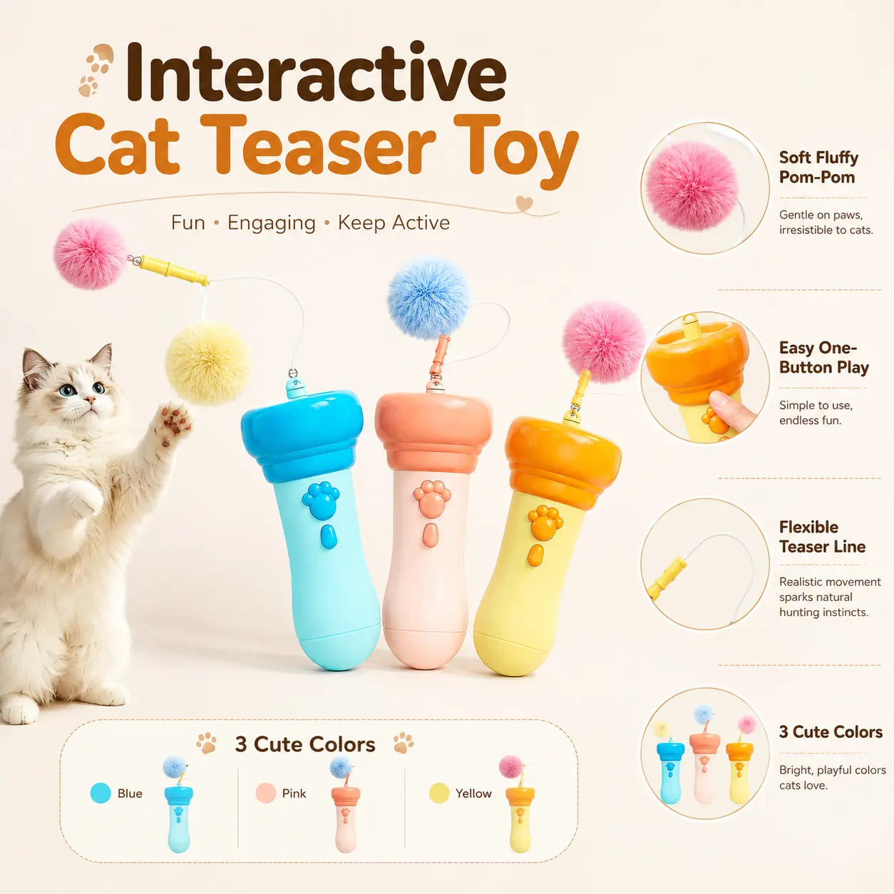 Electric Interactive Cat Teaser Wand with Fluffy Pom Balls for Indoor Cats and Kittens