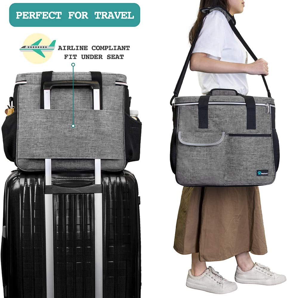 Dog Travel Bag Organizer - Comprehensive Pet Travel Kit with Dual Food Containers and Collapsible Dog Bowls, Versatile Supplies Tote with Luggage Sleeve, Ideal for Weekend Road Trips and Camping, Gray, Large