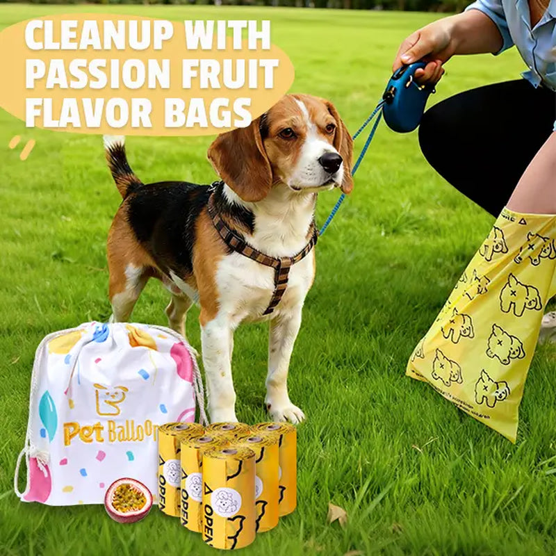 Passion Fruit Scented Pet Waste Bags - Leak-Proof, Extra Thick & Large, 365 Count Pack, Yellow Velcro Pet Accessories, Puppy Essentials for Walking & Cat Litter