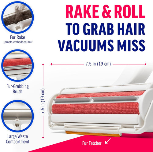 & Rake – Reusable Pet Hair Removal Roller with Rake Attachment for Cat & Dog Fur on Furniture, Couch, Carpet, Car, Rugs, Bedding & More– Portable, Eco-Friendly