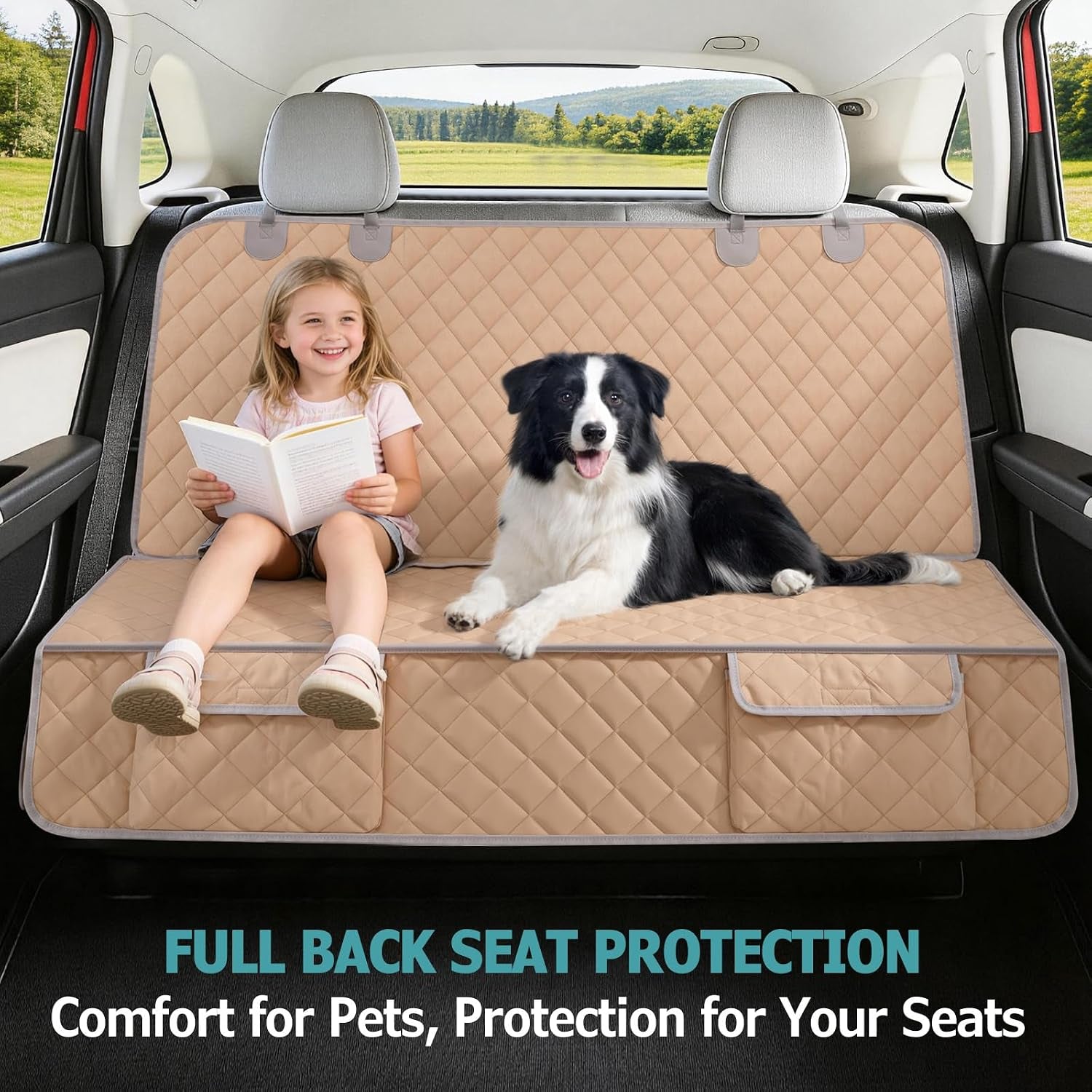 Waterproof Dog Car Seat Cover for Back Seat - Nonslip Protector for Kids, Universal Fit for Cars, Trucks, and SUVs (Beige)