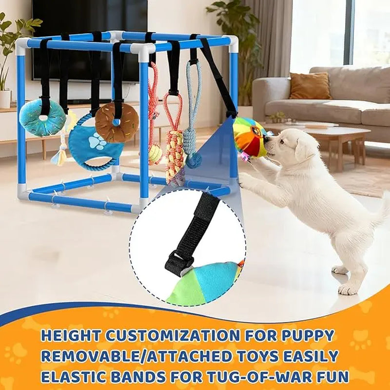 Indoor Puppy Play Gym - PVC Frame with Velcro Rope, Snuffle Mat, and 8 Hanging Toys for Interactive Training and Enrichment for Small Dogs