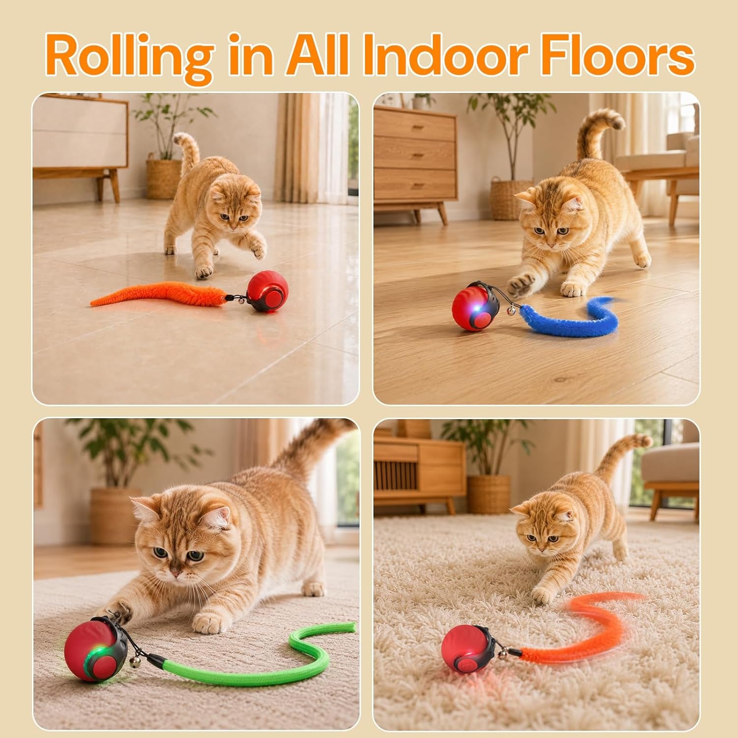 Interactive Cat Toys with Bird Sounds & 3 Speed Modes for Indoor Cats Play | Bird Sounds, 3 Speed Modes, Rechargeable Automatic Rolling, 3 Tails, Fast Charging Ball, for Indoor Cats on Hard Floor Carpet