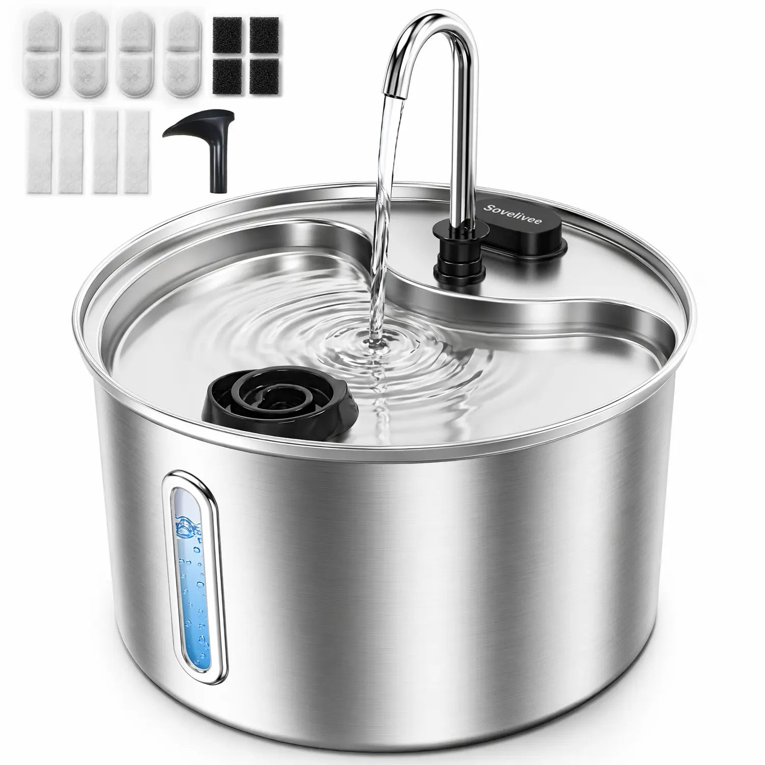 Sovelivee 3.5L 304 Stainless Steel Dual Flow Pet Water Fountain with Water Level Indicator, Low-Water Alert, and Dry-Run Protection for Cats and Small Dogs