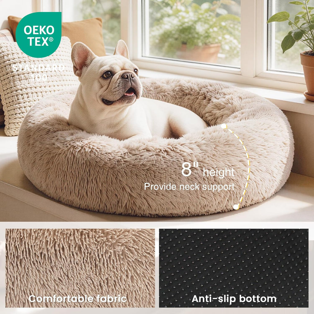 Calming Donut Pet Bed for Cats and Small to Medium Dogs, Anti-Anxiety Fluffy Warming Bed in Beige Taupe - Available in 20" and 24" Sizes