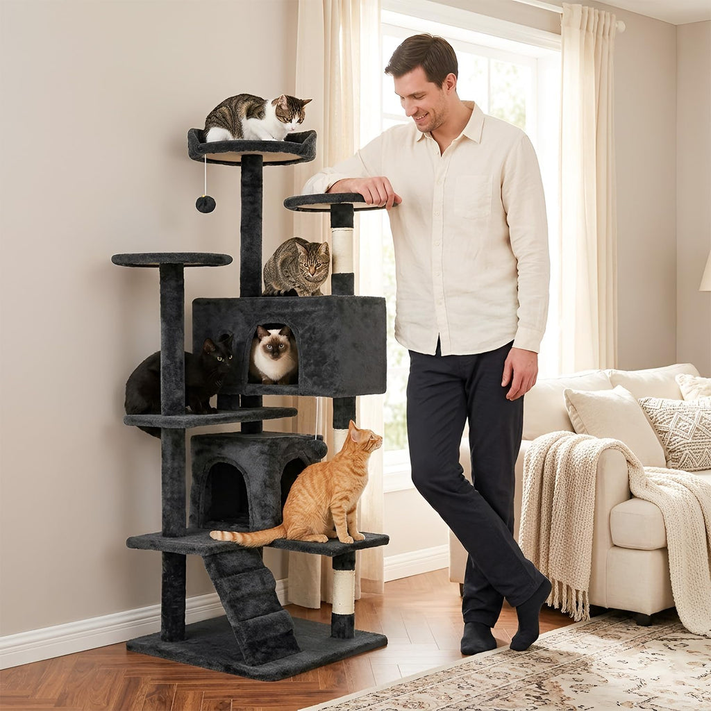 | 54" Cat Tree Tower | Dark Gray | Multi-Level Indoor Activity Center with Sisal Scratching Posts, Condos, Plush Perches, Hanging Cat Toys | Sturdy, Easy to Assemble | for Kittens & Adult Cats