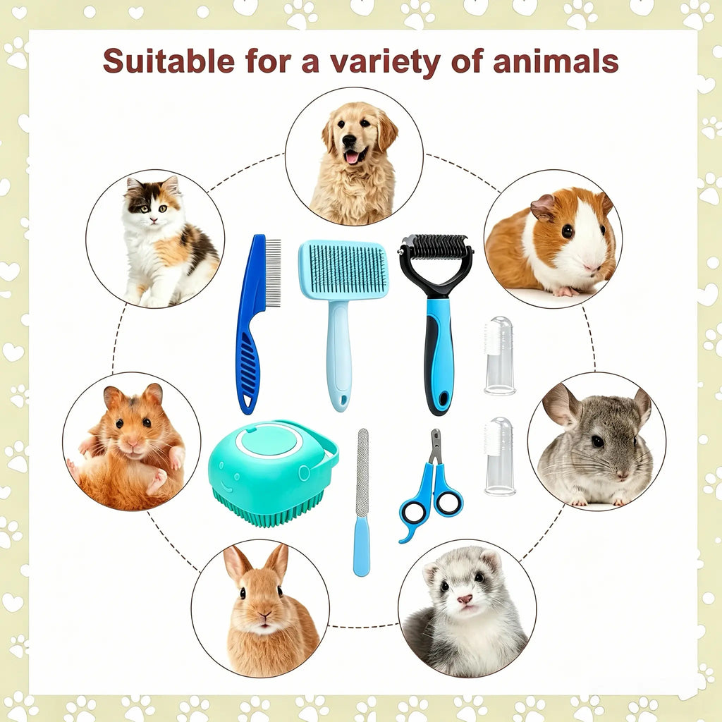 Summer Pet Grooming Tool Set (8 Pieces) - Comprehensive Shedding and Grooming Kit for Dogs and Cats, Includes Hair and Oral Hygiene Tools, Ideal for Indoor and Outdoor Use, Perfect Valentine’s Day Gift