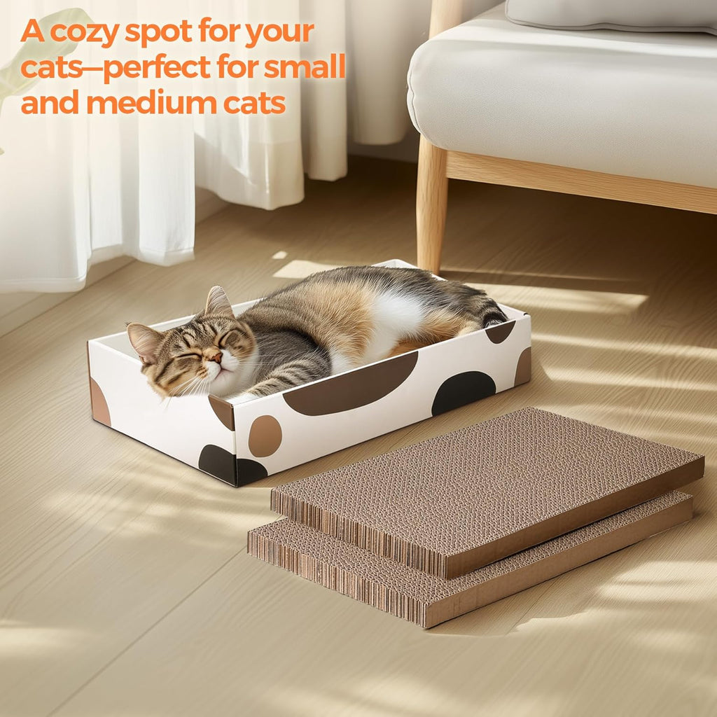Indoor Cat Scratching Pad - 17" x 10" Refillable Box with 3 Reversible, Durable Corrugated Scratch Boards for Furniture and Wall Protection