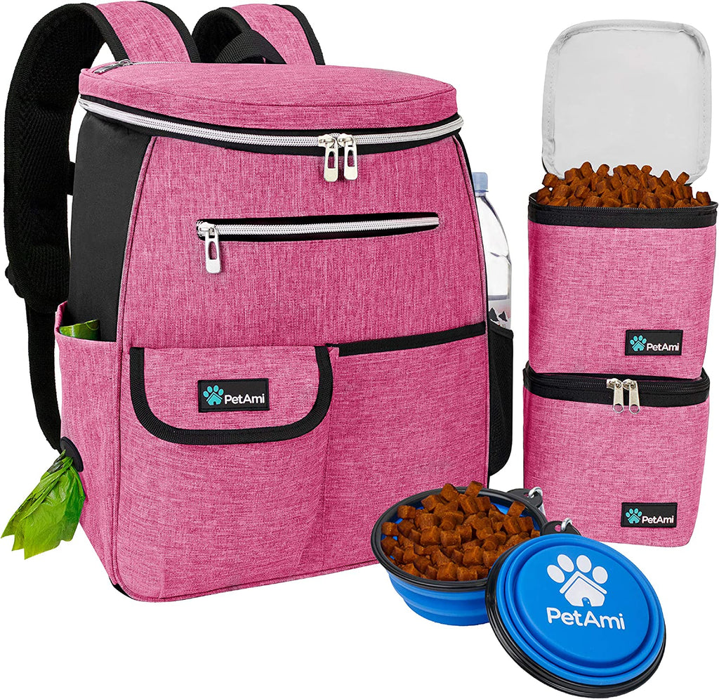 Professional Dog Travel Backpack, 27L Airline-Approved Pet Supplies Organizer with Dual Food Containers, Two Collapsible Bowls, and Poop Bag Dispenser - Ideal for Weekend Road Trips and Camping, Perfect Gift for Dog Moms, Pink